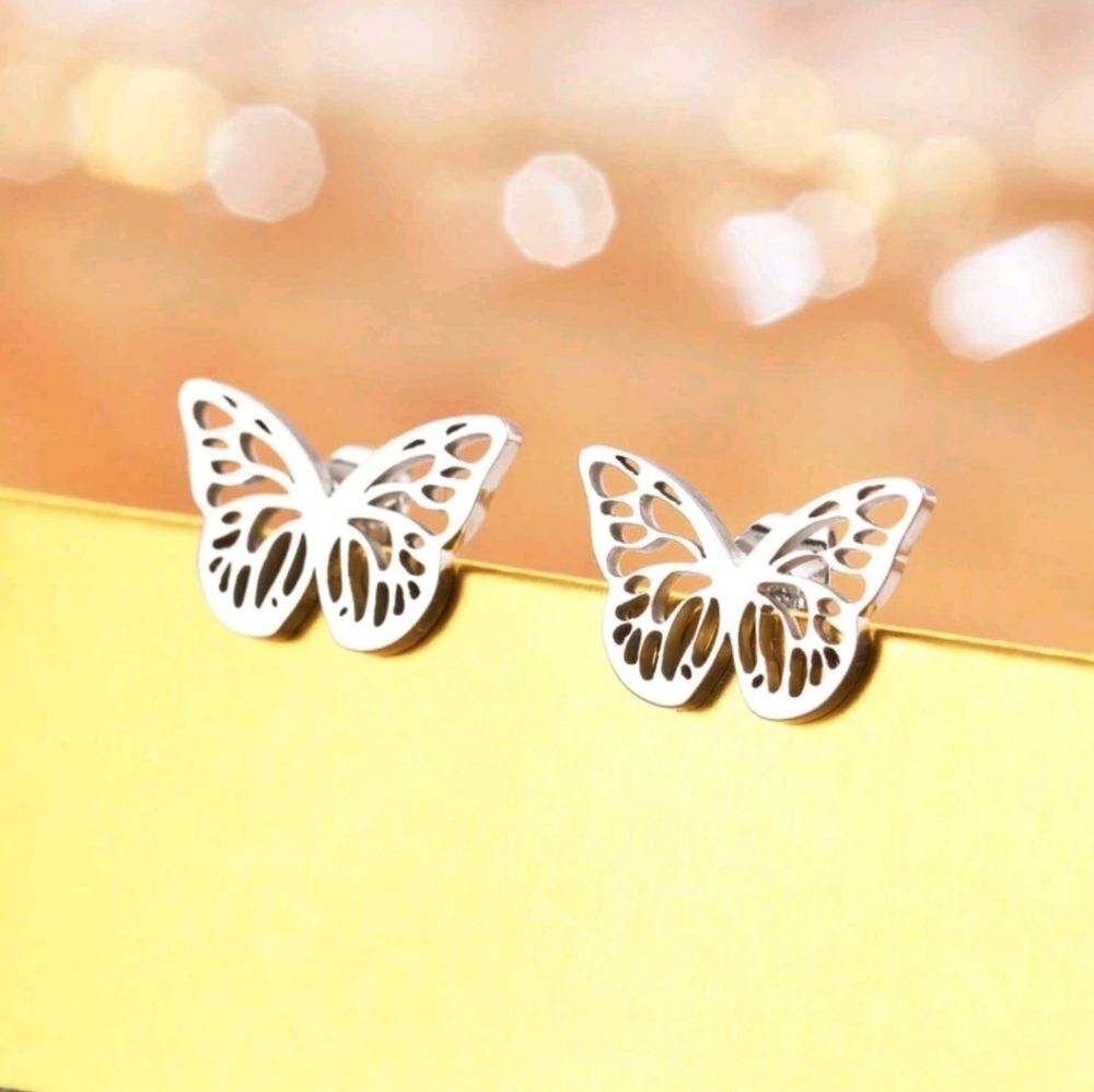 Stainless Steel silver color Butterfly stud Earrings Delicate and Timeless